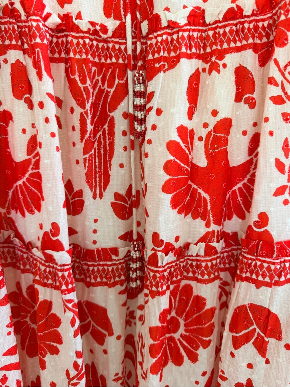 Farm Rio Red & Cream Floral Tiered Maxi Skirt XS Beaded Tassels - Picture 3 of 9